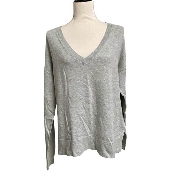 Lucky Brand Gray V-Neck Sweater Cotton Cashmere Blend Relaxed Fit Medium - Picture 1 of 12